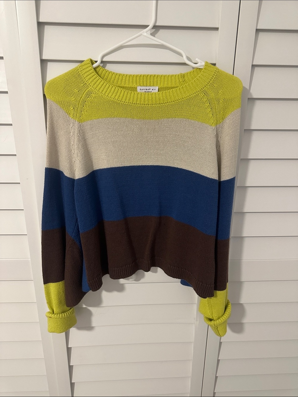 Current Air Colorblock Crewneck Sweater in Lime, Cream, Blue, Brown
